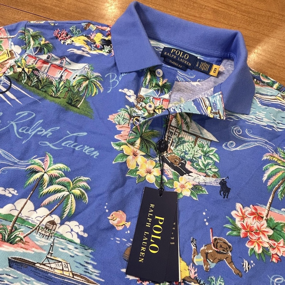 Polo Ralph Lauren Shirt Mens Large Blue Multi Polo Bear Tropical Beach Print NWT